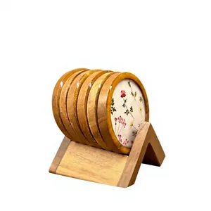 Mango Wood <b>Round</b> <b>Coaster</b> Set of 6 with Wooden Holder Floral Printed Tea Coffee Drink <b>Coasters</b> for Cups Mugs Glasses Table - Product Image 1
