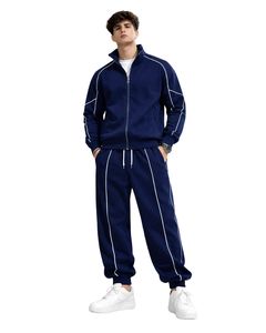 Ensemble de survêtement bleu marine pour homme, veste zippée intégrale et pantalon de jogging, sport, streetwear, molleton personnalisé, tenue d'entraînement - Product Image 1