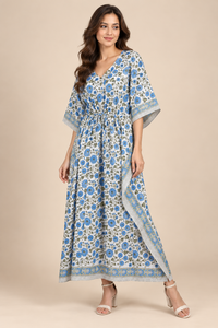 Blue <b>White</b> Floral Woven Bohemian Kaftan <b>Dress</b> V Neck Maxi Olive Leaves Contrast Border <b>for</b> Wholesale Boutique Resort Wear B2B - Product Image 2