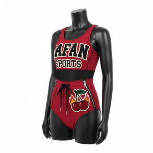 Traje de baño para mujer, 230 GSM, poliéster premium, spandex elástico, rojo cereza, negro, panel de malla, logotipo bordado con parche, traje de baño para mujer - Product Image 5