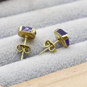 Natural Raw <b>Amethyst</b> <b>Stud</b> <b>Earring</b> Gold Electroplated Prong <b>Stud</b> Handmade Gemstone Jewelry Gift for Women - Product Image 5