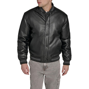 <b>Men's</b> Black PU <b>Leather</b> Bomber <b>Jacket</b> Stand Collar Button Closure Casual Style Autumn Wear Regular Fit Solid Color - Product Image 1