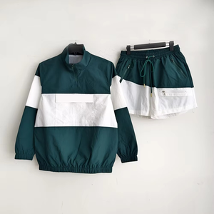 <b>Men</b>’s Bottle Green Windbreaker Tracksuit Set Half Zip Anorak <b>Jacket</b> and Shorts Color Block <b>Lightweight</b> Sportswear - Product Image 1