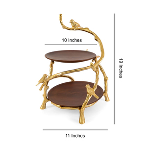 2-Tier Wooden Cake <b>Stand</b> With Golden <b>Bird</b> Branch Frame, Elegant Countertop Display Tray For Wedding And Luxury Home decoration - Product Image 3