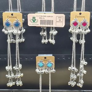 Silver Plated Square Enamel <b>Stud</b> Drop <b>Earrings</b> Pastel Stone Accent Long Hanging Ghungroo Ear Support <b>Chain</b> Set Wholesale - Product Image 1