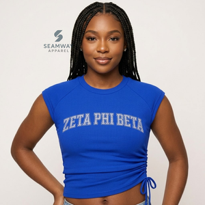 Zeta Phi Beta Sorority Women's Bling Rhinestone Ribbed Tank <b>Top</b> Ruched Side Crew Neck <b>Raglan</b> Cap Sleeve Casual Crop <b>Top</b> - Product Image 5