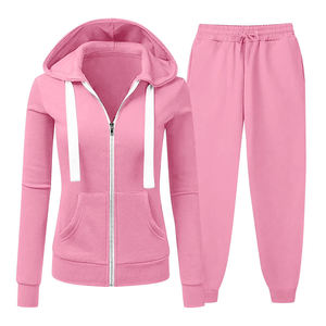 Survêtement femme de haute qualité, personnalisable, en tissu 100% coton, ensemble deux pièces avec fermeture éclair et doublure en polaire douce, style décontracté. - Product Image 1