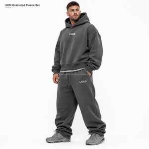 Ensemble deux pièces personnalisé avec logo imprimé en relief, épaules tombantes, en molleton double face, capuche à cordon de serrage, poignets élastiques, vêtements de sport OEM - Product Image 1