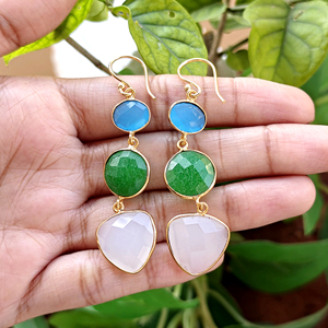 Elegant chalcedony & jade checker cut gemstone <b>earrings</b> handmade gold plated bezel setting drop dangle <b>hook</b> connector jewelry - Product Image 5