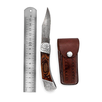 Couteau pliant à lame droite en acier Damas 15 cm, pointe clip, manche en bois, étui en cuir gravé, pour poche, extérieur, camping, chasse