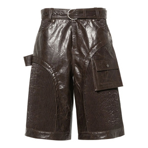 Nuevo Diseño Pantalones Cortos Cargo Bermuda de Cuero Sintético Arrugado y Fruncido para Hombre, de Pierna Ancha, Color Marrón Chocolate Sólido, Estilo High Street - Product Image 5