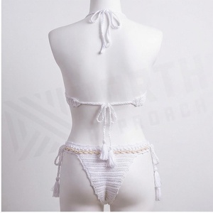 White <b>Crocheted</b> Bikini <b>Set</b> With Beading And Tassel Details Halter Neck <b>Two</b> <b>Piece</b> Swimwear For Women - Product Image 2