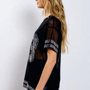 Maillot de football américain personnalisé haut de gamme pour femme, orné de strass, coupe oversize streetwear, crop top carré, maillot transparent orné de cristaux - Product Image 5