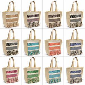 Sac fourre-tout en tissu de coton bohème avec broderie unie, fermeture éclair et pompons - Style plage estival - Product Image 3