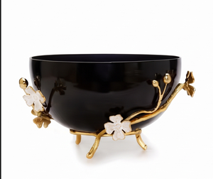Bol décoratif en métal noir et or avec accents floraux, centre de table de luxe pour salon moderne et présentation sur table - Product Image 1