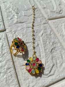 Ensemble de bagues assorties style Kundan du Rajasthan avec Tikka, bijoux festifs indiens pour mariage, Mayun Dholki et Nikah, pour filles - Product Image 6