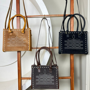 Sac fourre-tout de luxe pour femmes en cuir suédé véritable Tan Mini Sac fourre-tout Western Boot Stitch Crossbody Purse Cowhide Leather Handbag - Product Image 4