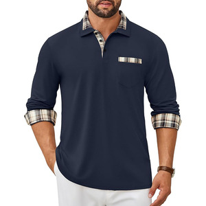 Polo de Manga Larga para Hombre, Camiseta Polo Informal con Botones, Cuello a Cuadros, con Bolsillo - Product Image 1