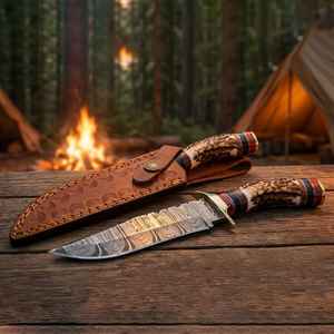 Cuchillos de Caza Premium Hechos a Mano al por Mayor, Hoja Fija de Acero de Damasco, Mango de Cuerno, para Supervivencia al Aire Libre y Camping con Funda - Product Image 1