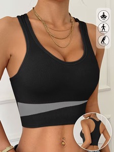 Soutien-gorge de sport sans couture pour femme |   Débardeur de sport noir bicolore |   Soutien-gorge de sport rembourré en nylon et élasthanne avec rayures grises - Product Image 5