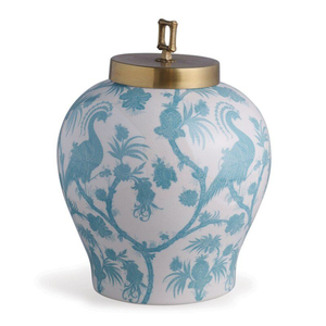 Élégant pot à gingembre bleu et blanc à motifs floraux avec couvercle, style céramique classique, pot de rangement pour la décoration intérieure, décoration de console, urne et pot pour table ou étagère - Product Image 1