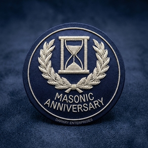 Hand Embroidered Silver Bullion Wire Patch <b>Navy</b> Blue Silk Round Badge Masonic Anniversary Hourglass Laurel Wreath Blazer Crest - Product Image 1