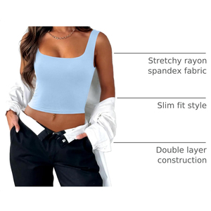 Top Corto sin Mangas para Mujer, Cuello Cuadrado, Color Azul Claro, Estilo Casual, ODM OEM, Superventas 2026 - Product Image 2