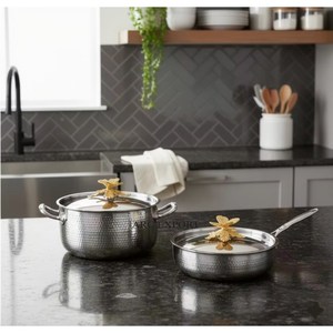 Latest Pattern Arrival Stainless Steel Silver Shiny Polished Hand Hammered Butterflies Designer Top Lid Ruffoni Casserole & <b>Pans</b> - Product Image 2