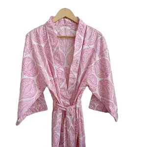 독점 새로운 디자인 꽃 인쇄 핑크 컬러 인도 코튼 기모노 가운 목욕 가운 여성 작업복 비치 기모노 가운