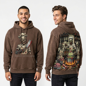 Sweat à capuche personnalisé marron délavé vintage pour homme, motif Zombie Chef Cuisine, streetwear, en molleton de coton épais, coupe ample - Product Image 1