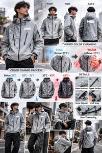 Chaqueta cortavientos moderna personalizada con capucha y cremallera, de nailon lavado con estampado vintage, ligera, que cambia de color, a prueba de viento, para escalada, para hombre. - Product Image 3