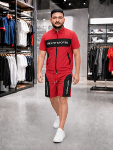 REXFIT SPORTS 2026Custom Unisex Red Black Crinkle Nylon Set Short Sleeve Zip <b>Jacket</b> Shorts Private Label Sportswear Manufacturer - Product Image 6