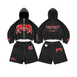 Customized Logo Acid Wash 100% Cotton French Terry <b>Mens</b> Zipper <b>Hoodies</b> <b>and</b> <b>Shorts</b> Casual Sweatsuit for <b>Men</b> 2 Piece <b>Shorts</b> <b>Set</b> - Product Image 1