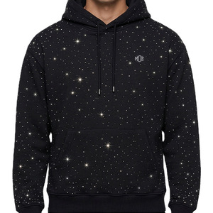 เสื้อฮู้ดผู้ชายประดับเพชรเทียม 400 GSM เสื้อฮู้ดวิบวับสำหรับผู้ชาย สีดำ สตรีทแวร์ แบบสวมหัว ผลิตตามสั่ง OEM แฟชั่น - Product Image 2