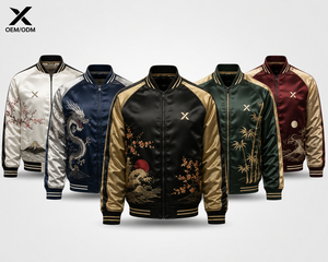 X Sports City Men's Satin Souvenir Varsity <b>Jacket</b> Embroidered Dragon Tiger Cherry Blossom Japanese Style Turn-Down Collar Zipper - Product Image 1