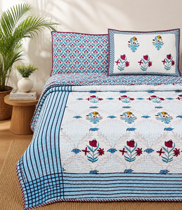 King Size Hand Block Printed Cotton Quilt Comforter <b>Set</b> Reversible Floral Jaipur <b>Bedding</b> with Pillow Covers Soft Quilted Blanket - Product Image 1