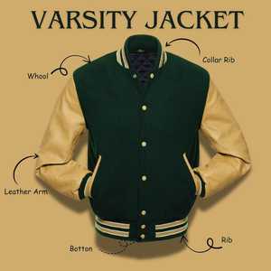 Men's Dark Green Varsity <b>Jacket</b> With Tan PU <b>Leather</b> Sleeves Regular Fit Button Closure Preppy Style Autumn Wear - Product Image 2
