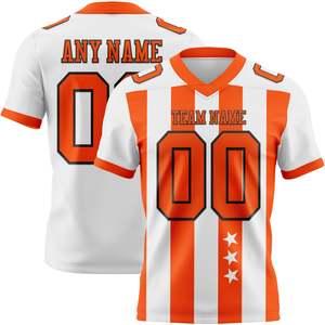 เสื้ออเมริกันฟุตบอลสีขาวส้มขายดีที่สุด ผลิตจากโพลีเอสเตอร์ 100% ผ้าตาข่ายระบายอากาศ แห้งเร็ว พร้อมโลโก้และชื่อทีมตามสั่ง - Product Image 1