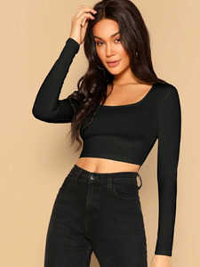 Haut court à manches longues pour femme, noir uni, coupe ajustée, tissu extensible, mode décontractée, streetwear - Product Image 6