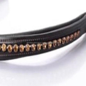 Suave y cómodo marrón acolchado 100% cuero puro banda para la frente del caballo canal vacío con incrustaciones de cristales grandes dorados cadena Mega Bling - Product Image 2