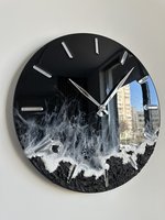 Jam Dinding Resin Epoksi Hitam Buatan Tangan Bertekstur Gelombang Laut Bulat Jam Gantung Modern Mewah Dekorasi Rumah Ruang Tamu Seni