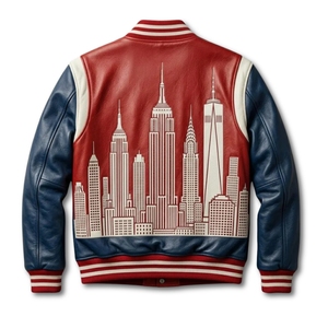 <b>Men's</b> <b>Summer</b> Leather Varsity <b>Jacket</b> & <b>Bomber</b> Coat-Red Blue & White NYC Skyline Design Windproof & Breathable - Product Image 2