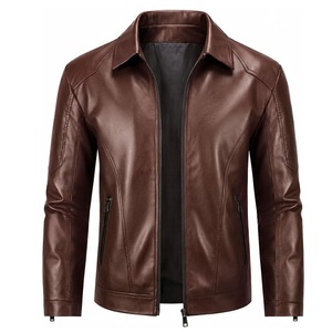 Veste en cuir PU marron pour homme, style motard, col rabattu, fermeture éclair, poches latérales zippées, coupe ajustée, pour l'automne - Product Image 1