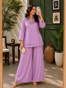 Ensemble indien pakistanais en viscose brodée pour femmes, haut et pantalon deux pièces, col en V, tenue décontractée d'été - Product Image 1