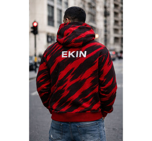 Sweat-shirt à capuche en polaire pour homme EKIN, motif rayé tigre rouge et noir, coupe oversize, streetwear, logo imprimé, poche, coupe classique, vêtement d'automne - Product Image 4