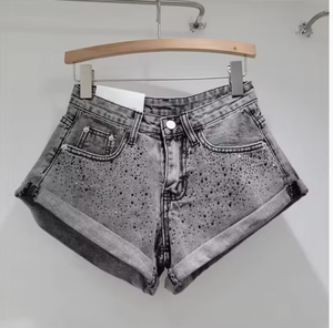 Shorts de Mezclilla con Lentejuelas de Cintura Alta para Mujer, Color Caramelo, Casuales, Transpirables, de Algodón Lavado - Product Image 5