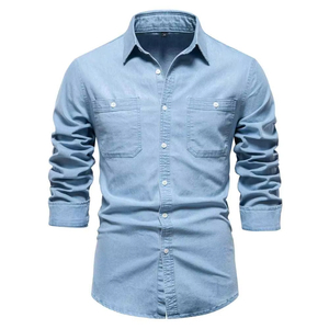 Nueva Camisa de Mezclilla para Hombre, Corte Slim Fit, Manga Larga, Color Sólido, Cuello Clásico, Estilo Casual, Lavado Regular, 100% Algodón Tejido - Product Image 3