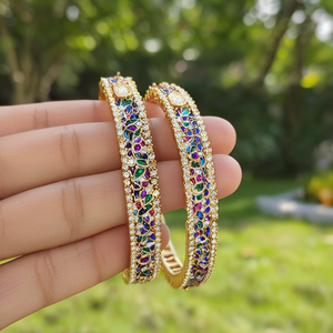 Navaratnam American Diamond Gold Plated <b>Copper</b> <b>Bangles</b> Bezel Set Number Design Trendy Engagement Gift - Product Image 3