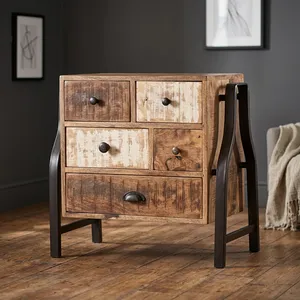 Mesa Auxiliar Industrial de Cinco Cajones con Mosaico, Gabinete de Almacenamiento de Madera, Patas de Metal Negro, Mueble de Estilo Rústico - Product Image 6