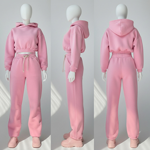 ชุดวอร์มผู้หญิงไซส์ใหญ่แบบสองชิ้น แขนยาว มีฮู้ด สไตล์ลำลอง สำหรับฤดูหนาว ผ้าสแปนเด็กซ์/คอตตอนฟลีซ ปักลายเรียบ - Product Image 1